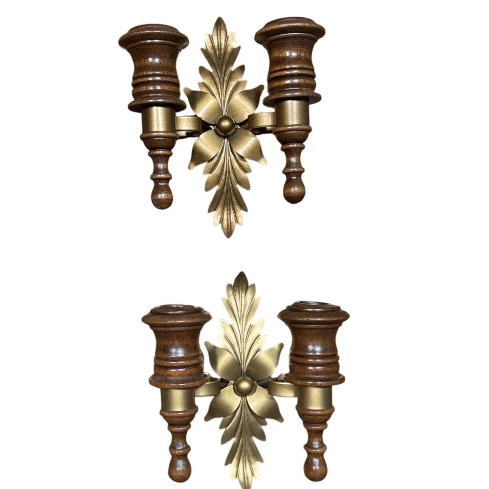 Vintage Pair Gold Metal Acanthus Leaf & Wood Double Wall Sconce Candle Holders